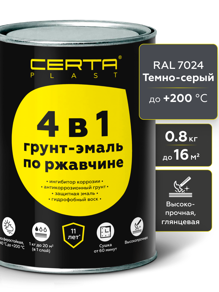 Товар Грунт-эмаль по ржавчине 4в1 CERTA PLAST, тёмно-серый глянцевый (RAL7024), 0,8 кг