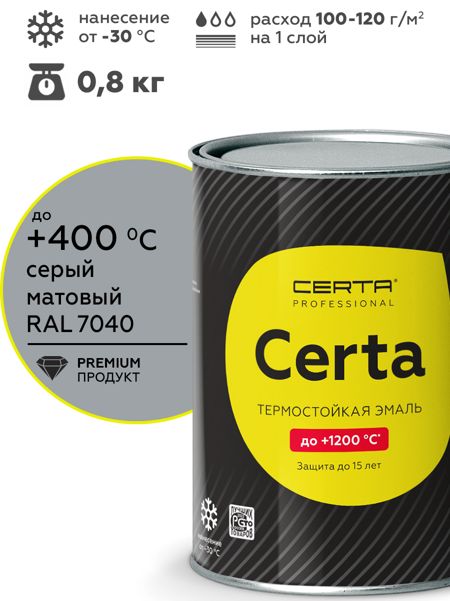 Товар Эмаль антикоррозионная термостойкая CERTA до 650°С серый матовый 0,8 кг