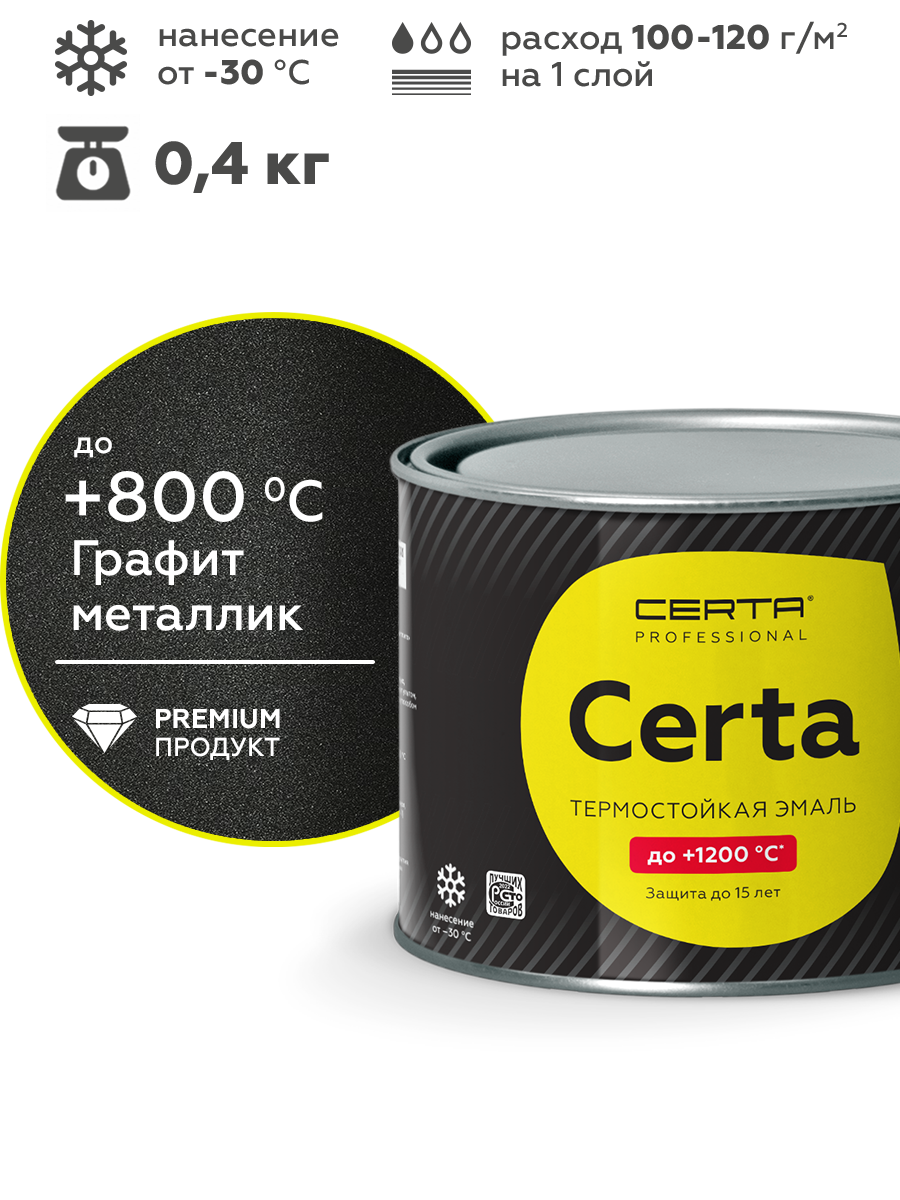 Товар Эмаль термостойкая антикоррозионная CERTA Professional до 800°С графит металлик 0,4 кг